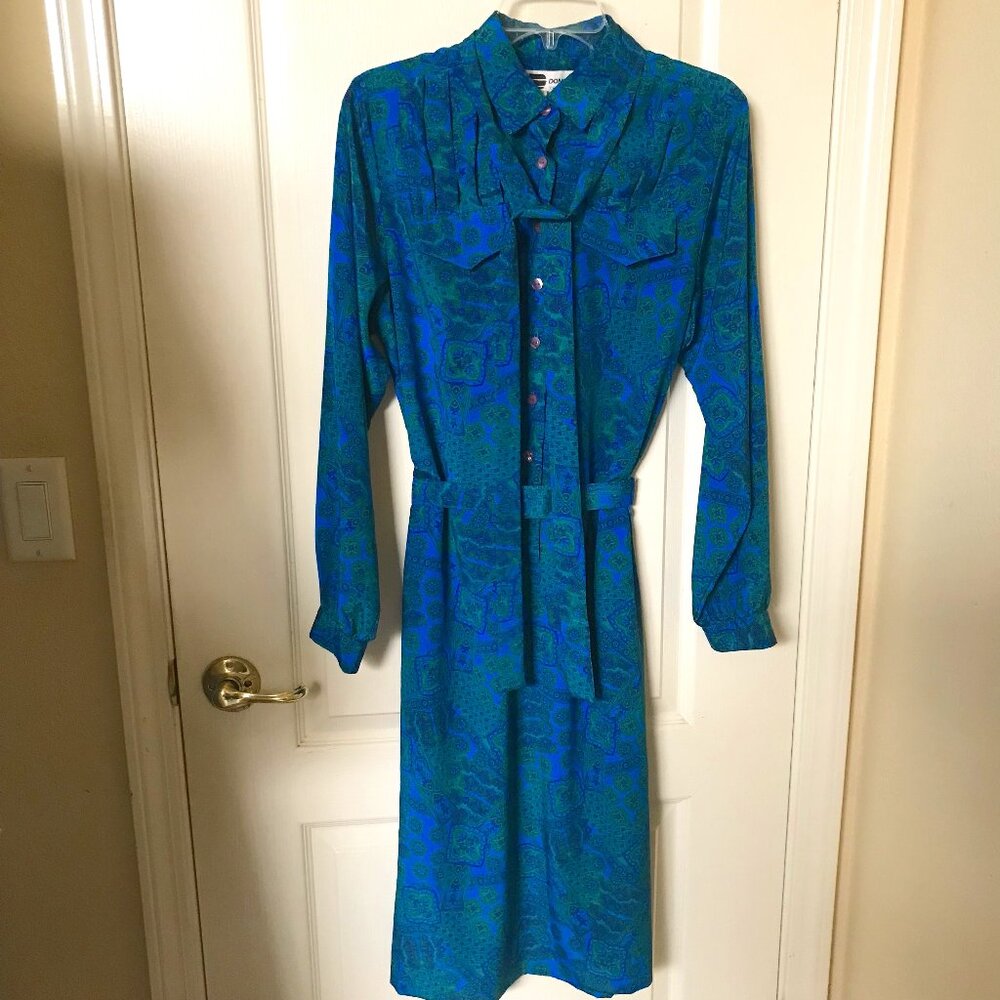 Don Elliot USA Blue & Green Sport Dress Long Sleeve w/ Belt & Sash Womens Size 8